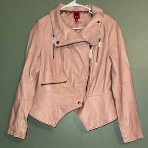 “cameo” pink G.I.L.I. women's genuine leather peplum moto jacket NEW